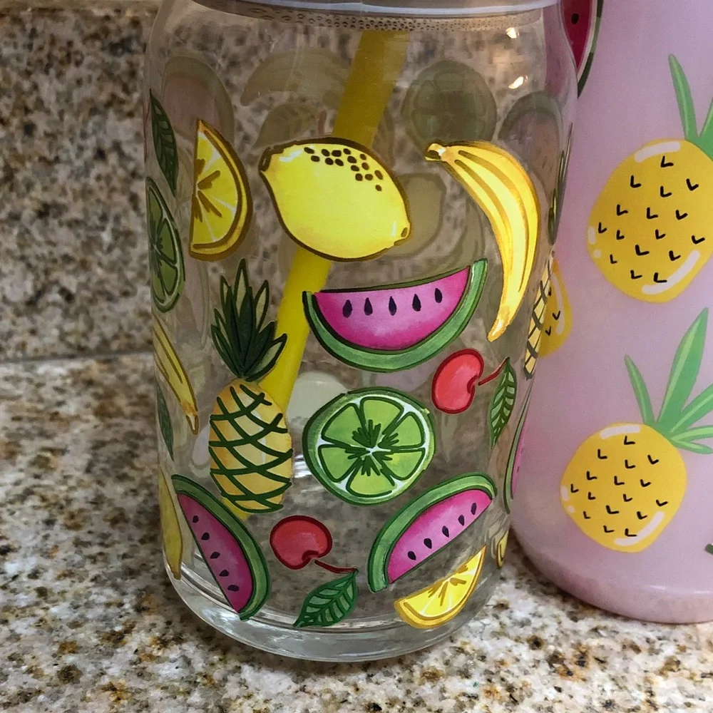 Fruit Print Mason Style Tumblers with Straws - Yellow & Pink